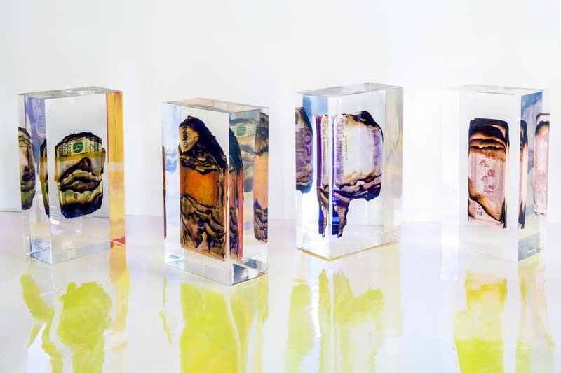 Micah Spear Null Sculpture Auction Organizing Black instagram burned burnt dollar bill lucite prism