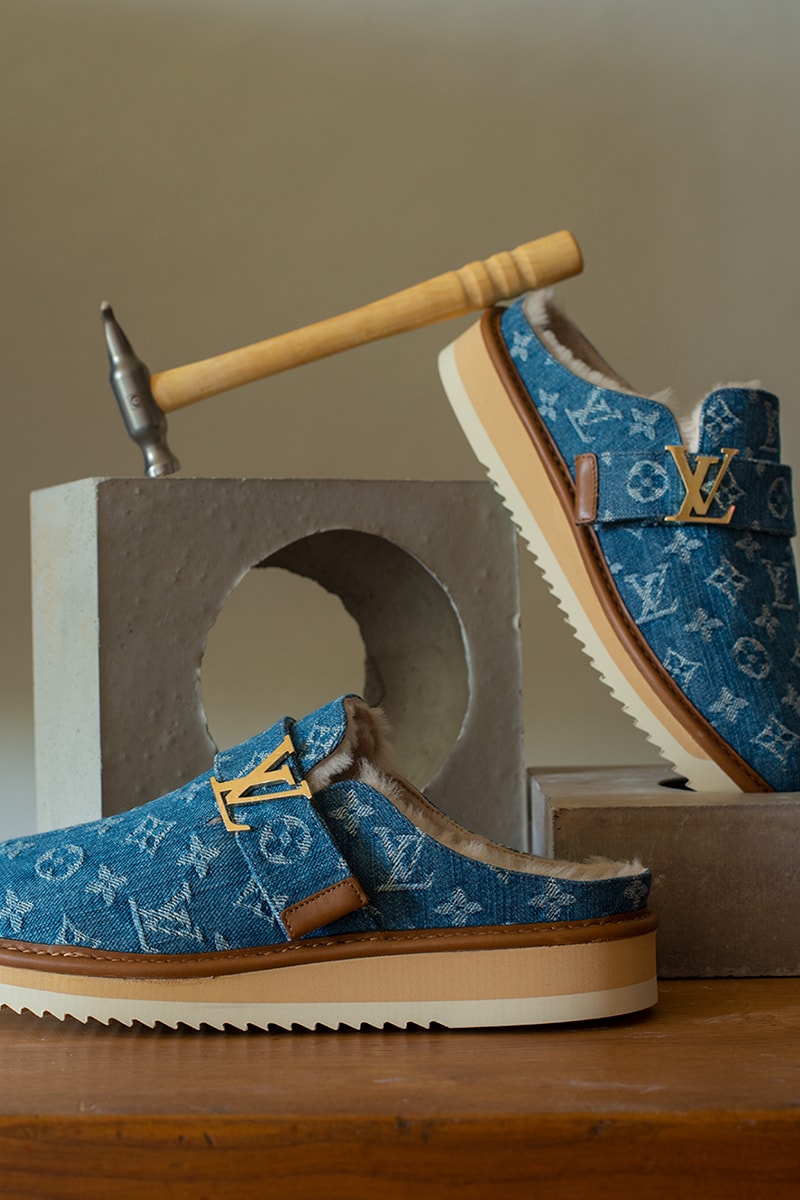 NIGO Virgil Abloh Louis Vuitton LV² Drop 1 Detailed Look Damier Waves Denim Jacket Embroidered Shirt Squared LV Sweatshirt Zipthrough Cosy Mule Monogram Voltaire Loafers Mods bear Canvas