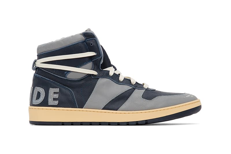 RHUDE Rhecess Hi Sneakers Georgetown Release Grey Navy Rhuigi SSENSE Info