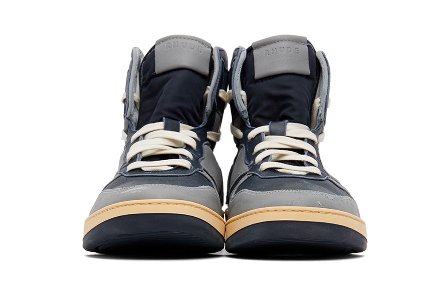 RHUDE Rhecess Hi Sneakers Georgetown Release Grey Navy Rhuigi SSENSE Info