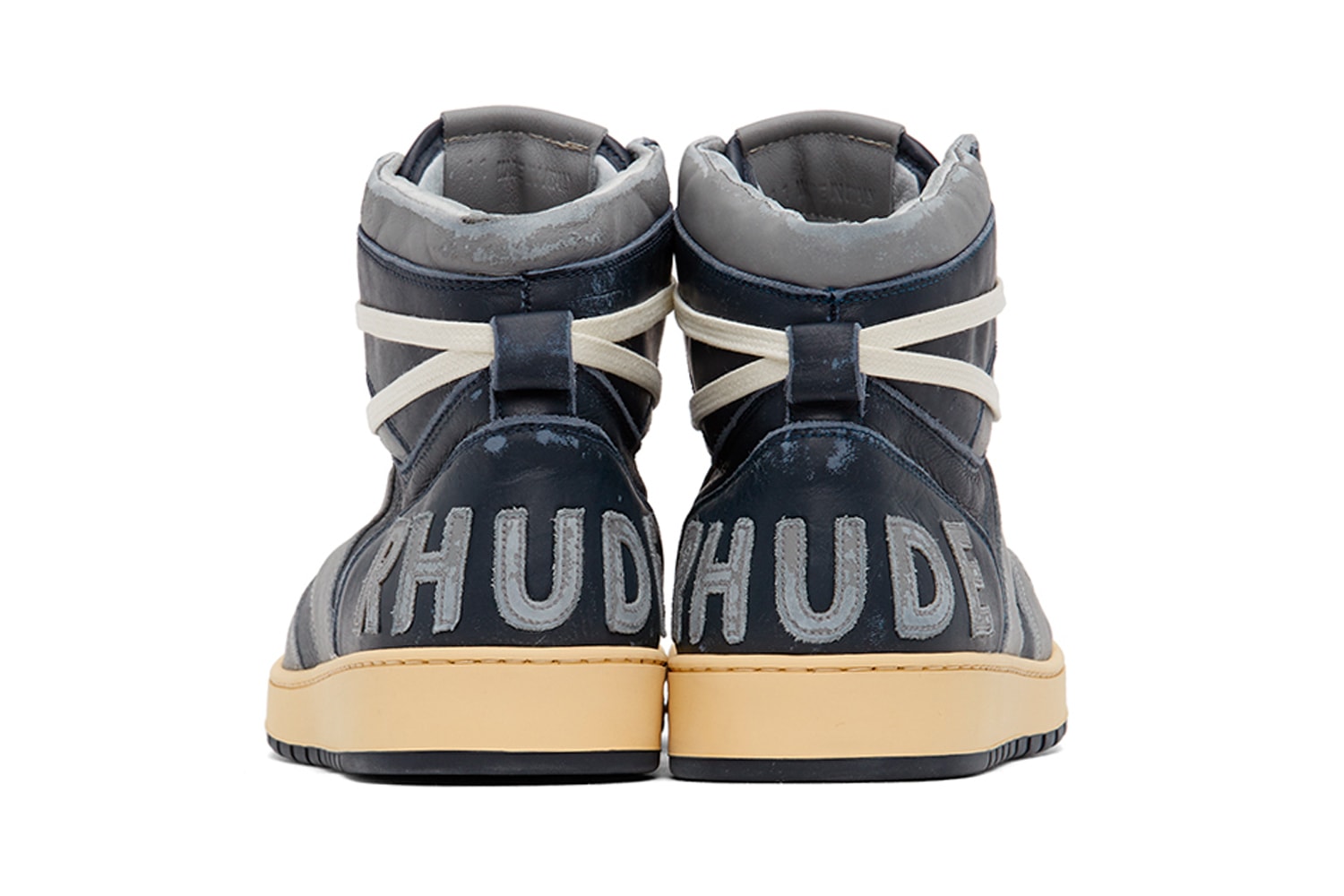 RHUDE Rhecess Hi Sneakers Georgetown Release Grey Navy Rhuigi SSENSE Info