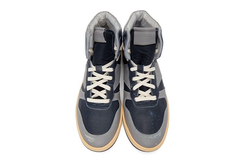 RHUDE Rhecess Hi Sneakers Georgetown Release Grey Navy Rhuigi SSENSE Info
