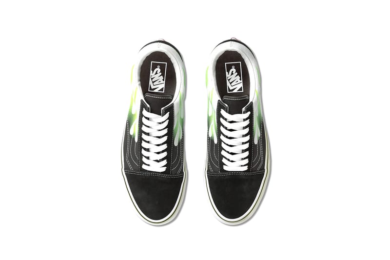 blue and green flame vans