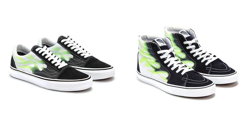 blue and green flame vans