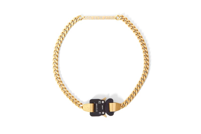 1017 ALYX 9SM Buckle Necklace Gold-Toned Spring/Summer 2020 SS20 Matthew M. Williams LN-CC Necklaces Jewelry Rollercoaster Antique Effect Logo Panel Laser Cut Details Luxury Streetwear