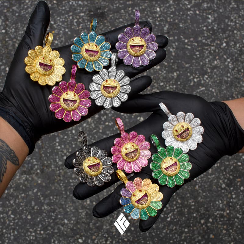 Ben Baller Kurakami Chains for J Balvin 'Colores' flowers superflat smiling bling diamonds gemstones