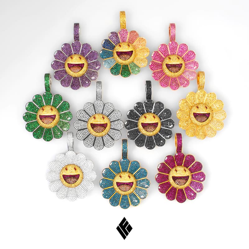 Ben Baller Kurakami Chains for J Balvin 'Colores' flowers superflat smiling bling diamonds gemstones