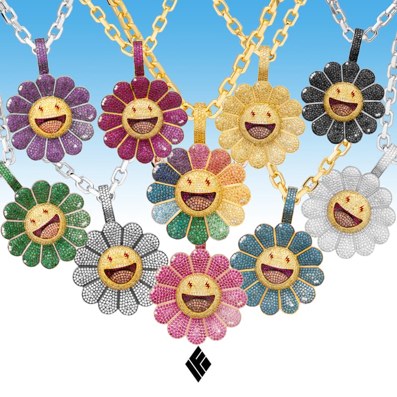 Ben Baller Kurakami Chains for J Balvin 'Colores' flowers superflat smiling bling diamonds gemstones