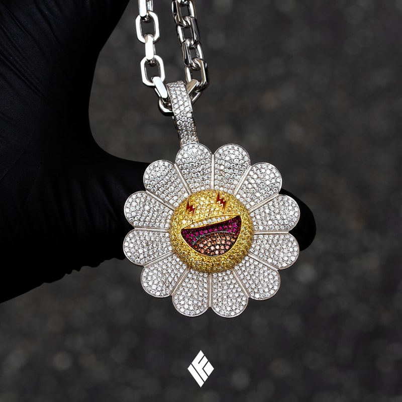 Ben Baller Kurakami Chains for J Balvin 'Colores' flowers superflat smiling bling diamonds gemstones