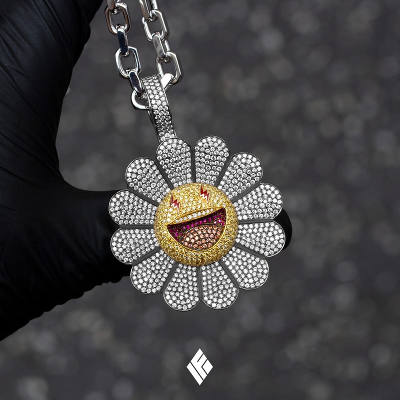 Ben Baller Kurakami Chains for J Balvin 'Colores' flowers superflat smiling bling diamonds gemstones