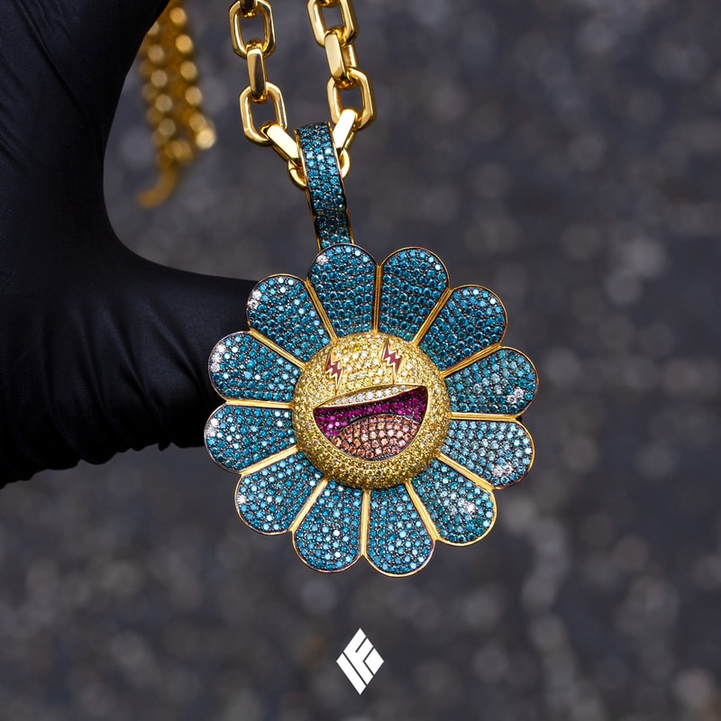Ben Baller Kurakami Chains for J Balvin 'Colores' flowers superflat smiling bling diamonds gemstones