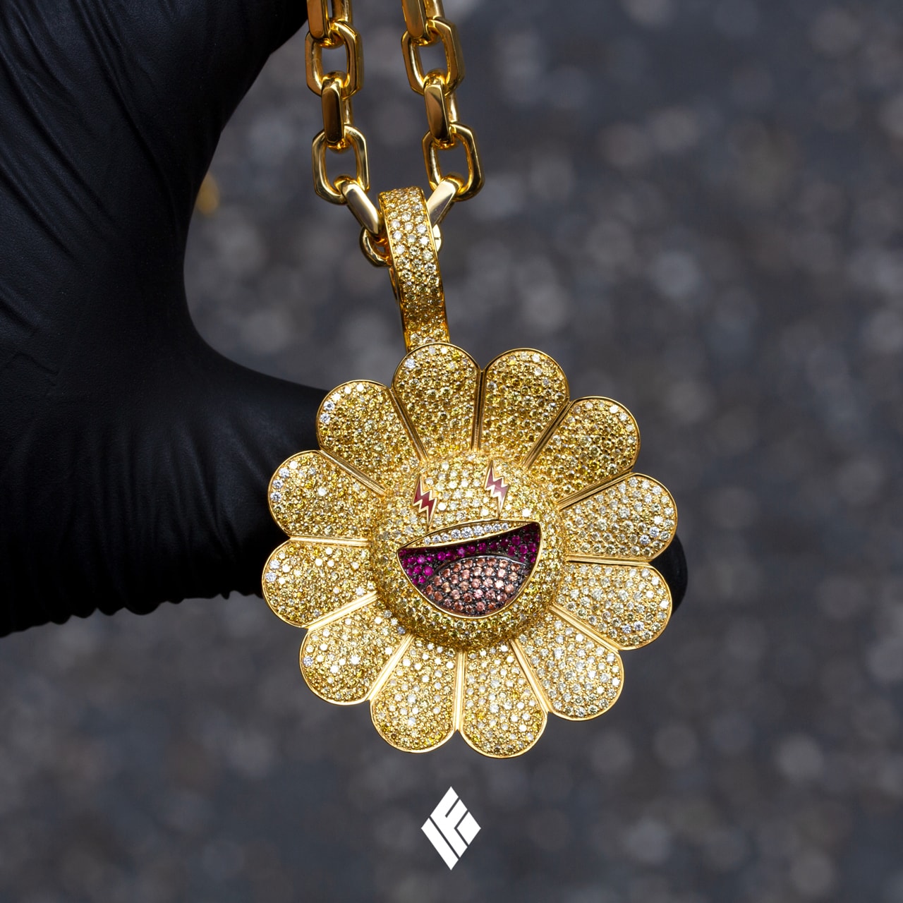 Ben Baller Kurakami Chains for J Balvin 'Colores' flowers superflat smiling bling diamonds gemstones