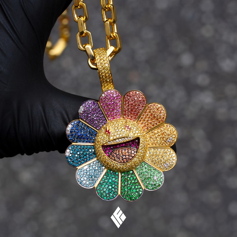 Ben Baller Kurakami Chains for J Balvin 'Colores' flowers superflat smiling bling diamonds gemstones