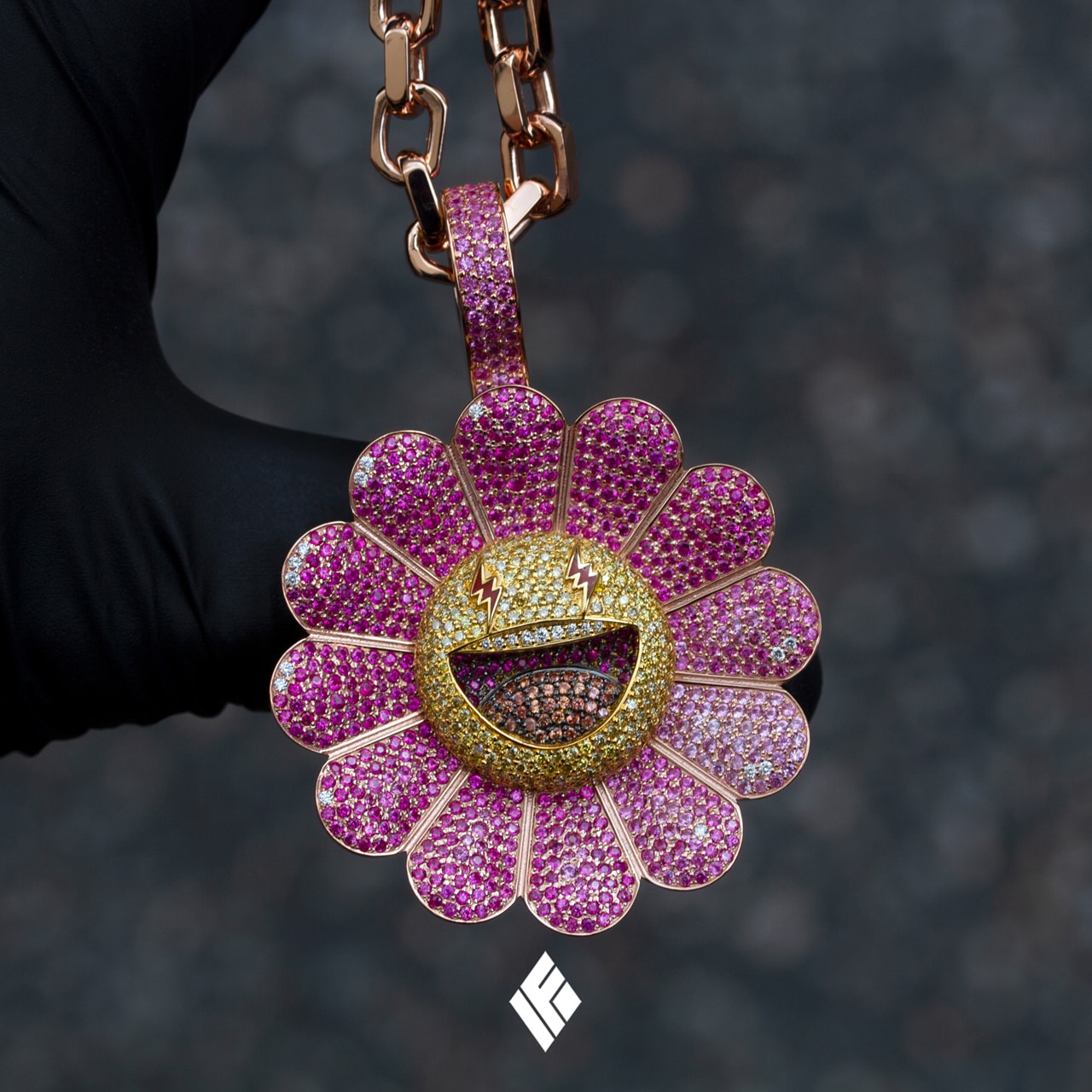 Ben Baller Kurakami Chains for J Balvin 'Colores' flowers superflat smiling bling diamonds gemstones