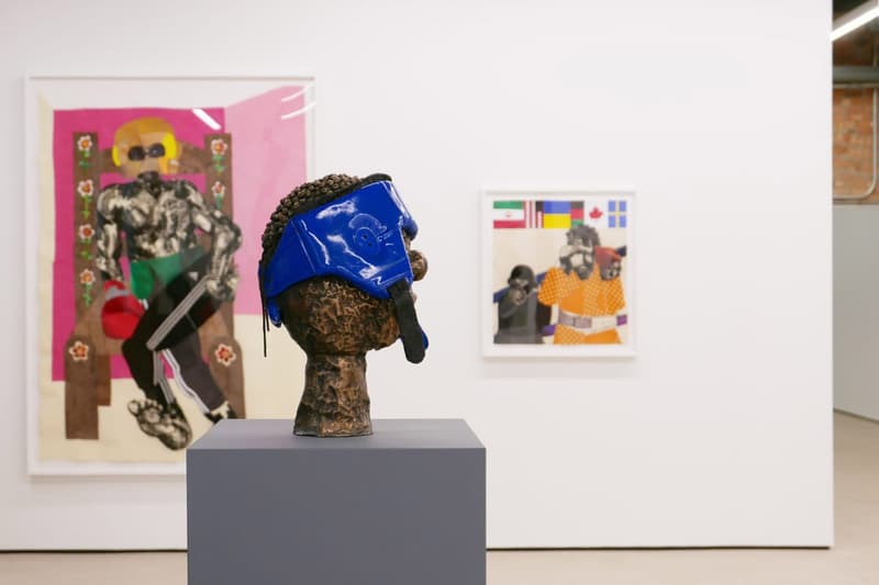 Clotilde Jiménez "THE CONTEST" Exhibition Mariane Ibrahim gallery black male physicality solo show boxers collage materials fragmentation