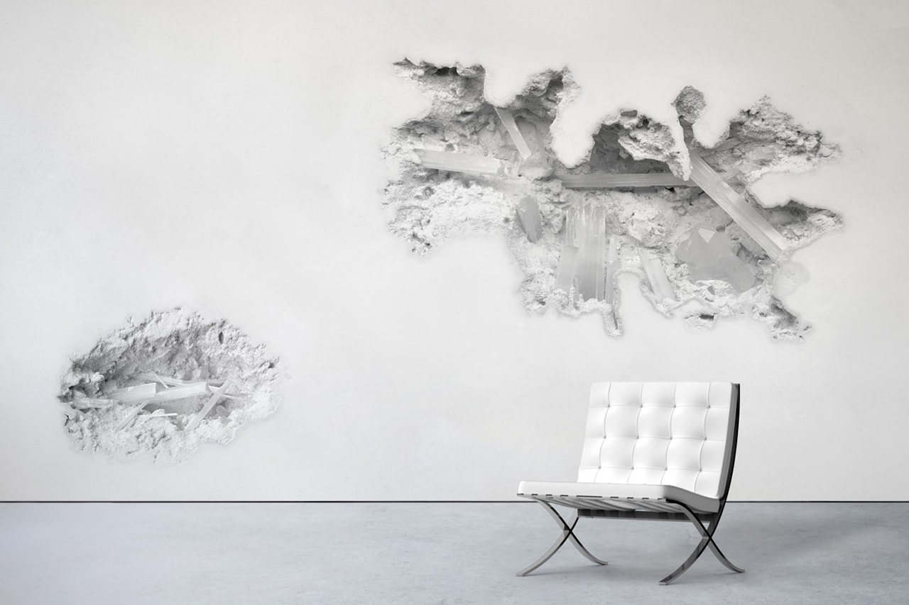Daniel Arsham x Calico Wallpaper Release Information Home Decor Design Art 'Erosions' "Selenite" trompe l’oeil Perrotin Gallery New York Exhibition 3D Effect