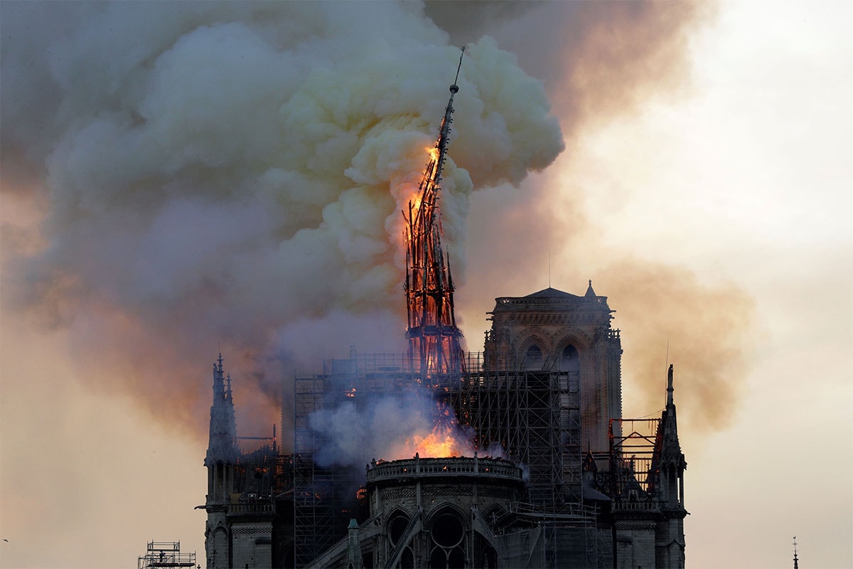 france president macron notre dame cathedral spire fire burn down rebuild original contemporary design architecture gothic
