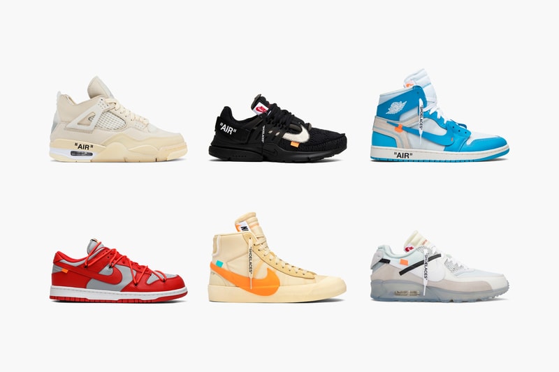 Virgil Abloh design collaboration shoes Louis Vuitton Off-White x Nike collection GOAT app Presto Black Hyperdunk Air Max 90 OG White Dunk University Red Blazer All Hallows Eve AF1 Volt Jordan 1 UNC
