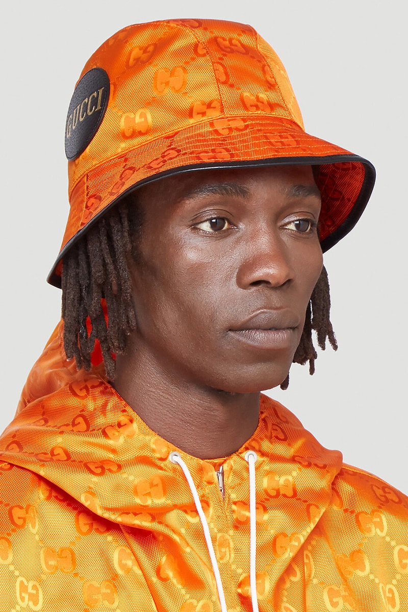 Gucci Eco-Nylon Bucket Hat Baseball Cap Orange Yellow ECONYL Sustainable Alessandro Michele LN-CC Italian Luxury Label Brand Leather Appliqué Patch FW20 Fall Winter 2020 "GG" Motif 