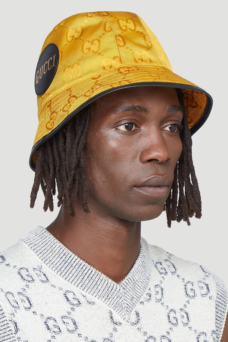 Gucci Eco-Nylon Bucket Hat Baseball Cap Orange Yellow ECONYL Sustainable Alessandro Michele LN-CC Italian Luxury Label Brand Leather Appliqué Patch FW20 Fall Winter 2020 "GG" Motif 