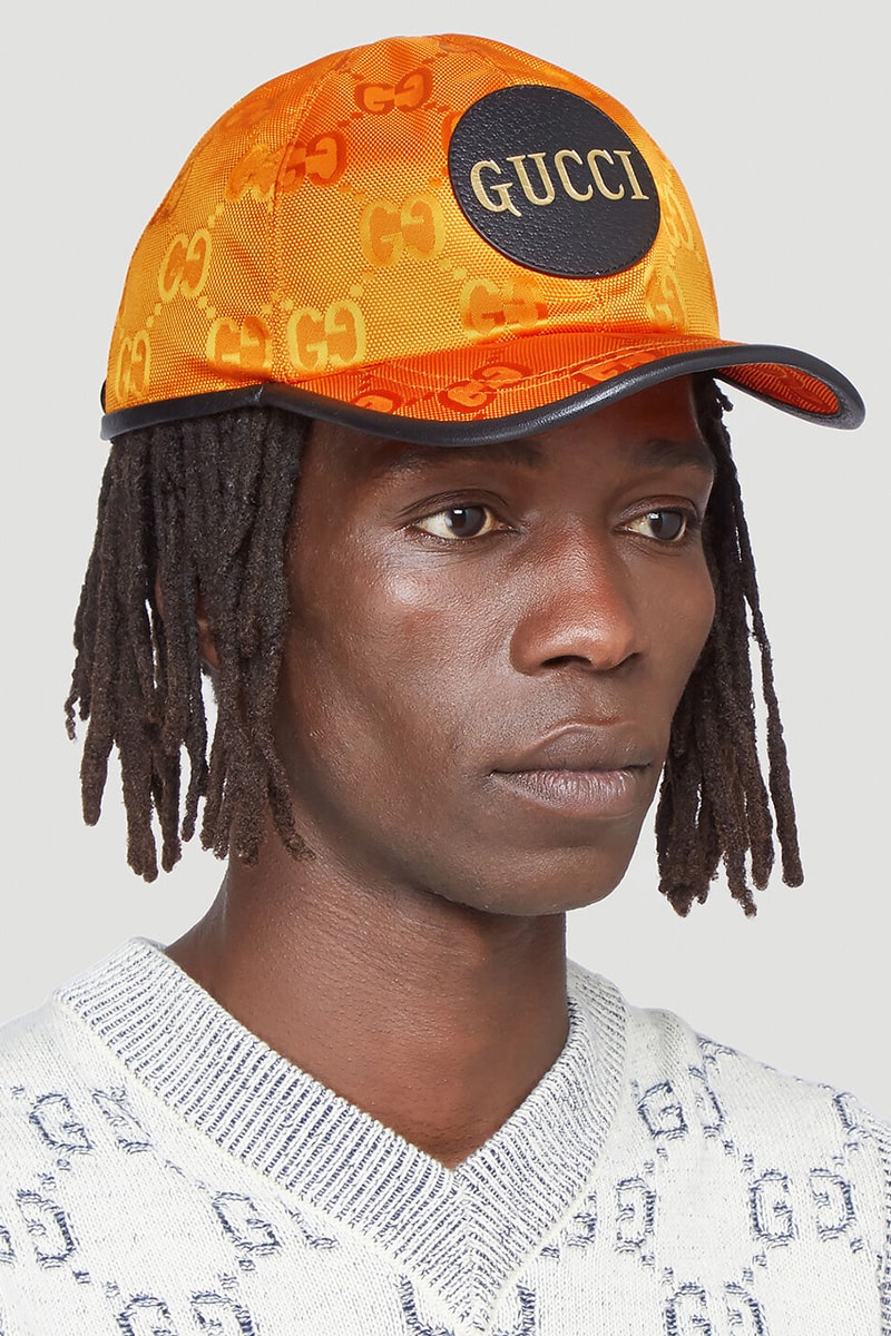 Gucci Eco-Nylon Bucket Hat Baseball Cap Orange Yellow ECONYL Sustainable Alessandro Michele LN-CC Italian Luxury Label Brand Leather Appliqué Patch FW20 Fall Winter 2020 "GG" Motif 