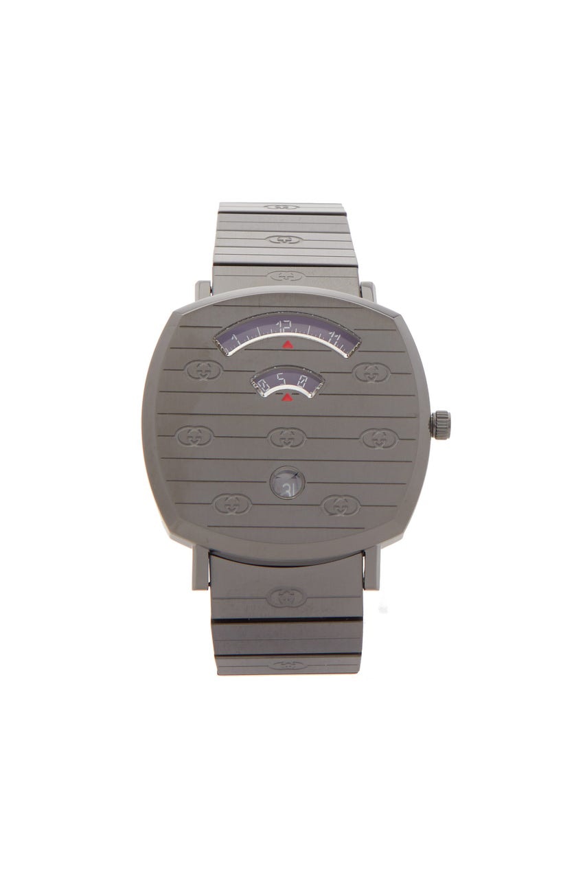 Gucci Grip Logo-Engraved Metal Watch "Gray" Release Information Timepiece Closer Look MatchesFashion.com Alessandro Michele Switzerland Italy Three Window Skateboarding References 