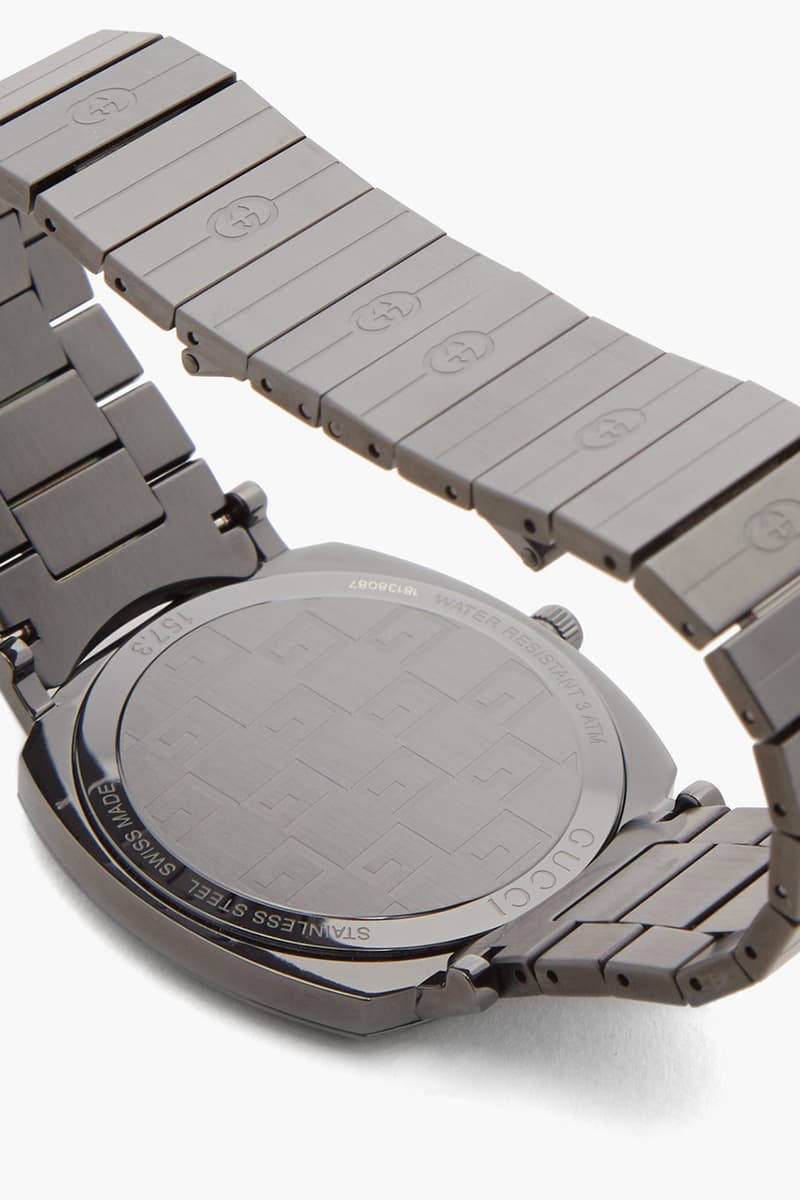 Gucci Grip Logo-Engraved Metal Watch "Gray" Release Information Timepiece Closer Look MatchesFashion.com Alessandro Michele Switzerland Italy Three Window Skateboarding References 