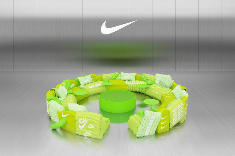 Harry Nuriev Air Max Sofa Virtual Installation Crosby Studios Nike Air Max 1 neon green puffer jackets sneakers table AR filter 3D rendering digital