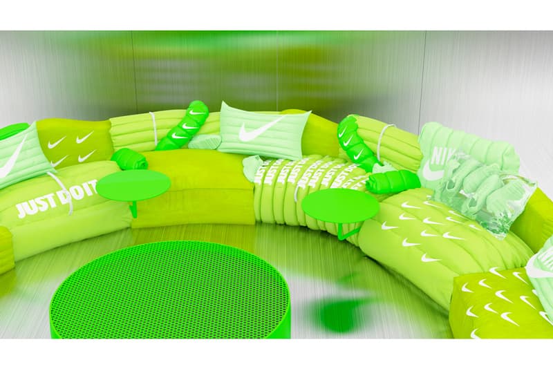 Harry Nuriev Air Max Sofa Virtual Installation Crosby Studios Nike Air Max 1 neon green puffer jackets sneakers table AR filter 3D rendering digital