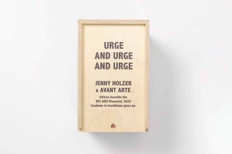 Jenny Holzer and Avant Arte Limited Edition Work 'URGE AND URGE AND URGE' glass jar condoms AIDS New York City AIDS Memorial walt whitman