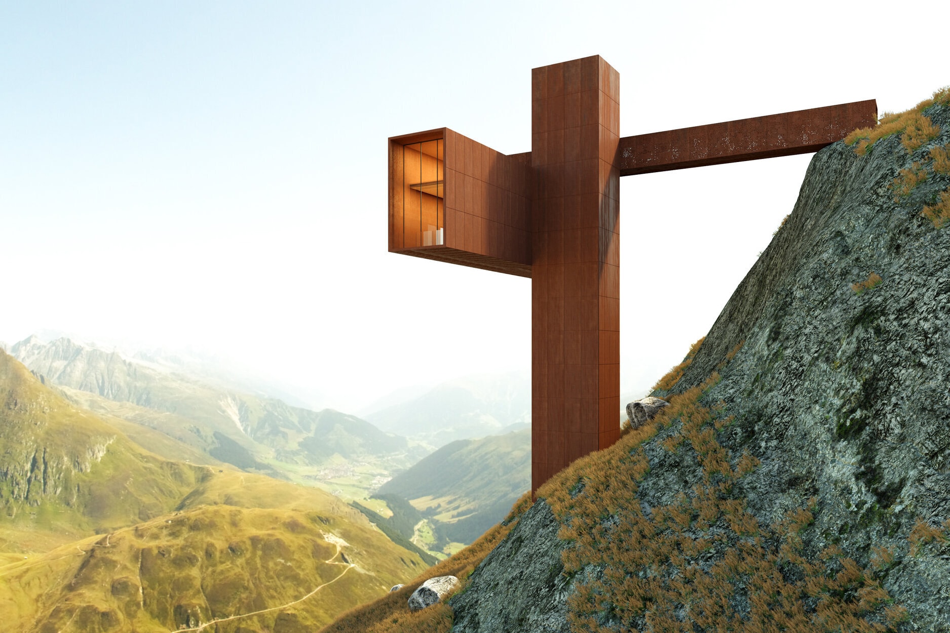 axis mundi XYZ House Takes the Shape of a Corten Steel Cruciform John Beckmann architecture homes houses Wengen, Switzerland