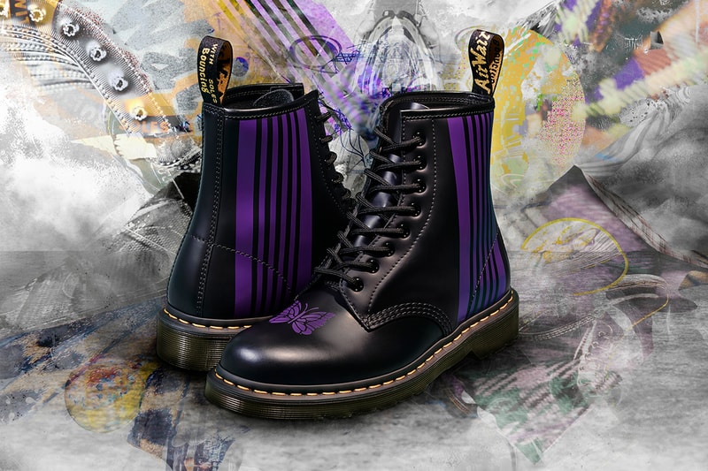 needles 1460 remastered dr doc martens boot black leather purple stripe papillon butterfly information release details