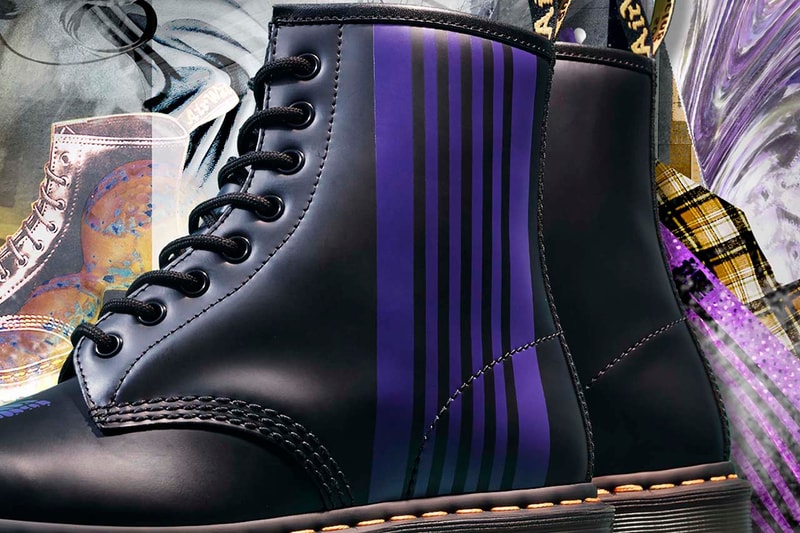 needles 1460 remastered dr doc martens boot black leather purple stripe papillon butterfly information release details