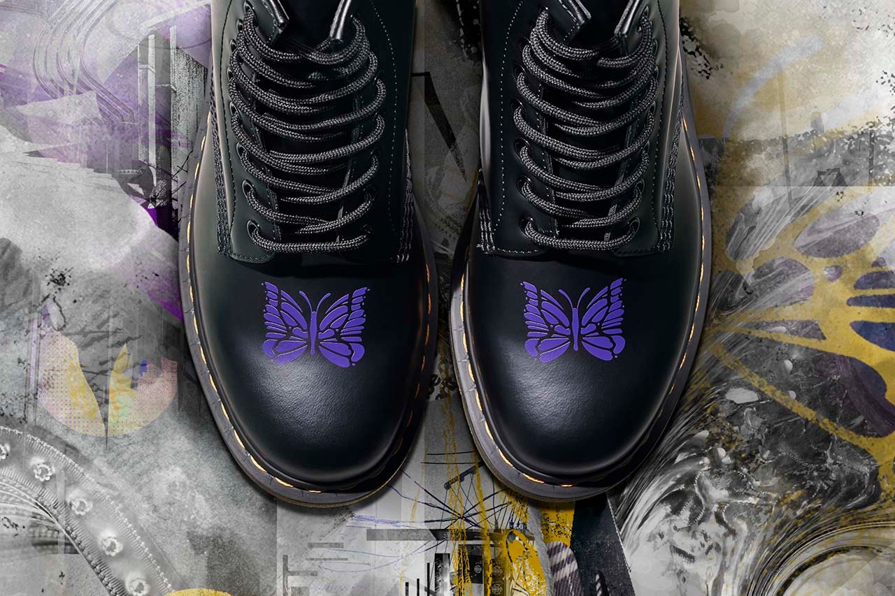 needles 1460 remastered dr doc martens boot black leather purple stripe papillon butterfly information release details