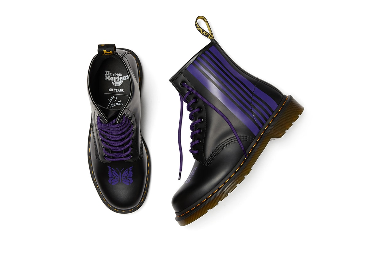 needles 1460 remastered dr doc martens boot black leather purple stripe papillon butterfly information release details