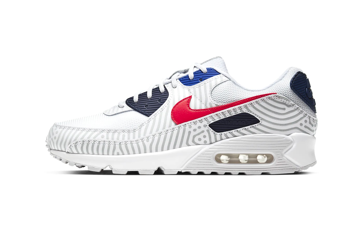 Nike Air Max 90 white University Red Bright Blue midnight navy reflective stripes streetwear trainers runners sneakers shoes kicks ss20 CW7574 100