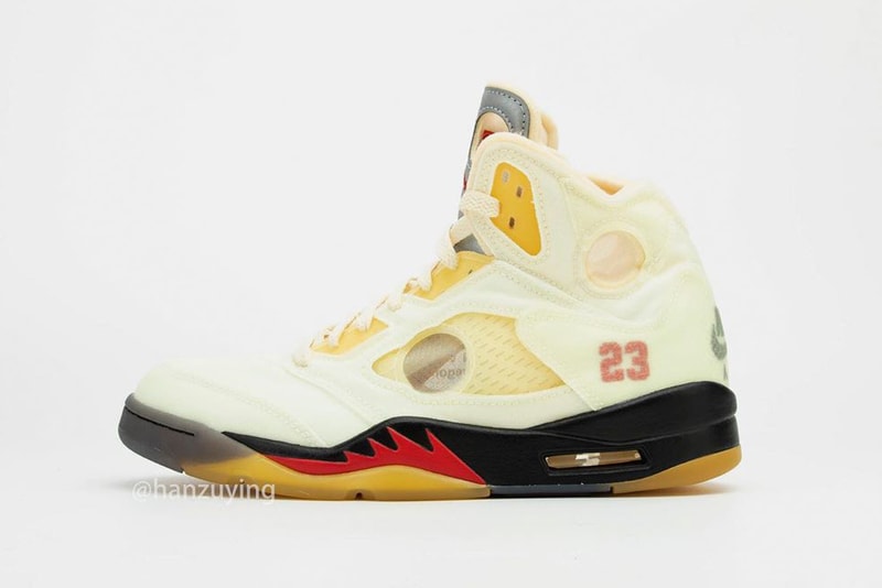 off white air jordan brand 5 sail black fire red red DH8565 100 virgil abloh first official detailed look release date info photos price store list buying guide