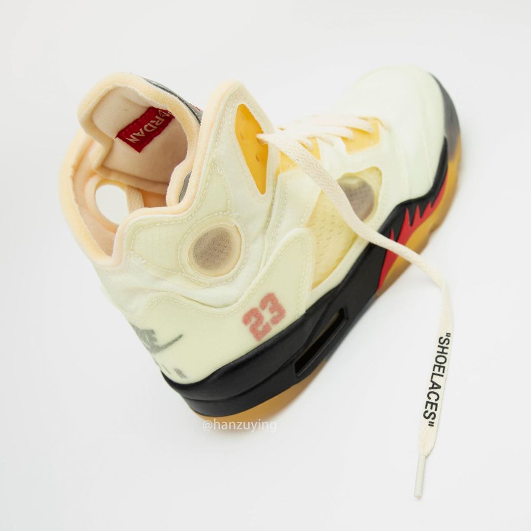 off white air jordan brand 5 sail black fire red red DH8565 100 virgil abloh first official detailed look release date info photos price store list buying guide