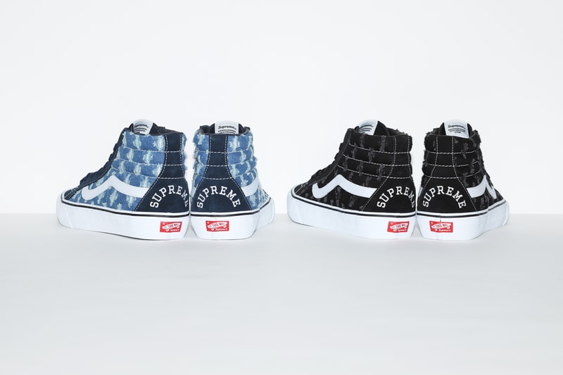 Supreme x Vans Sk8Hi sk8 hi pro SlipOn slip on Distressed Denim Pack blue black summer spring 2020 july release information price hole punch pattern