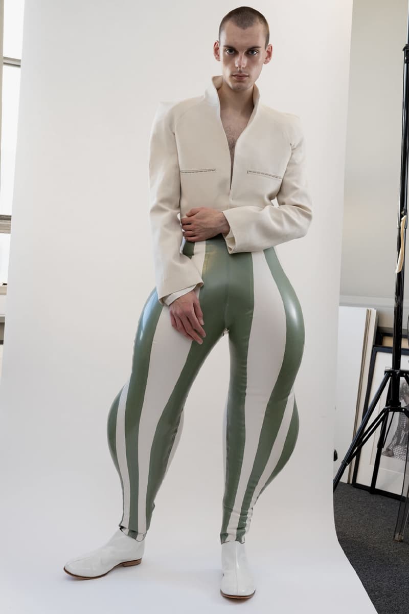 Harri Harikrishnan Striped Swirl Black Limo Inflatable Trousers London College of Fashion Student Presentation London Fashion Week Instagram Viral Designer Emerging