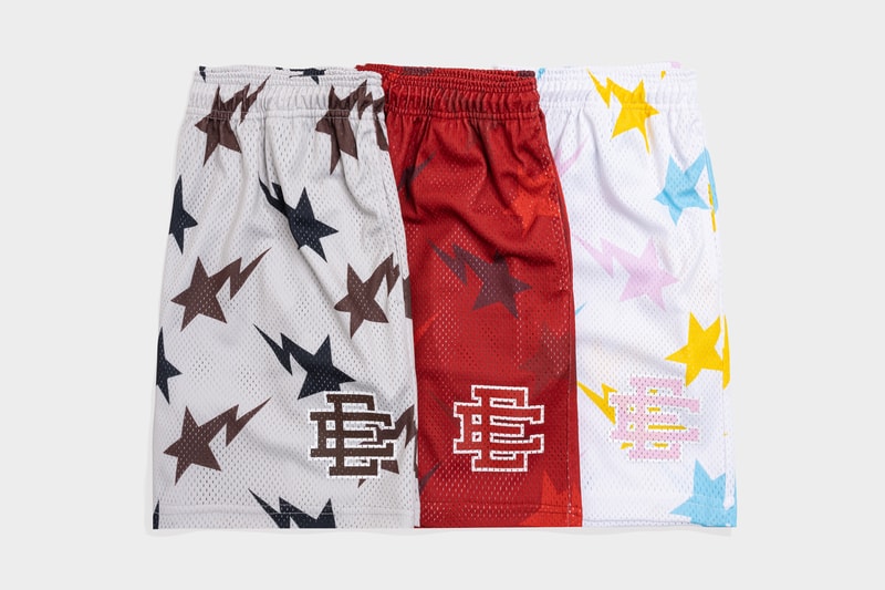 BAPE and Eric Emanuel Basketball Shorts Capsule Collection basketball shorts mesh lightning logos TRIBAL CAMO MULTI CAMO RED COLOR CAMO