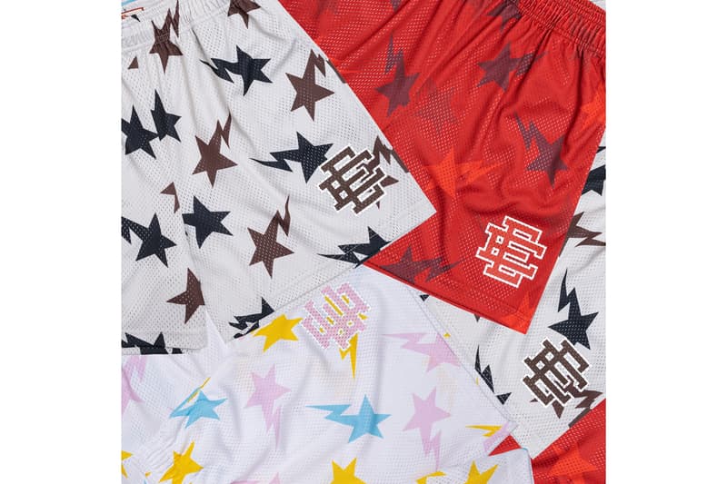 BAPE and Eric Emanuel Basketball Shorts Capsule Collection basketball shorts mesh lightning logos TRIBAL CAMO MULTI CAMO RED COLOR CAMO