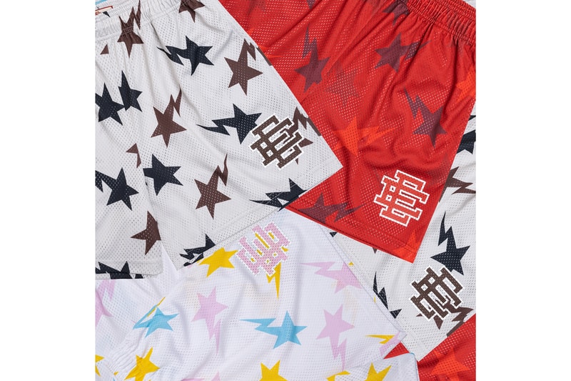BAPE and Eric Emanuel Basketball Shorts Capsule Collection basketball shorts mesh lightning logos TRIBAL CAMO MULTI CAMO RED COLOR CAMO