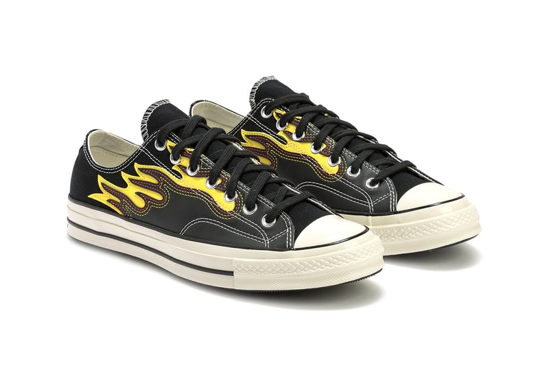 Converse Chuck 70 "Black/Speed Yellow/Egret" Flame Motif Leather Canvas Low Top Sneaker Footwear Shoe Trainer Release Information Drops Drop Date HBX Fire Pattern Print Top Stitching