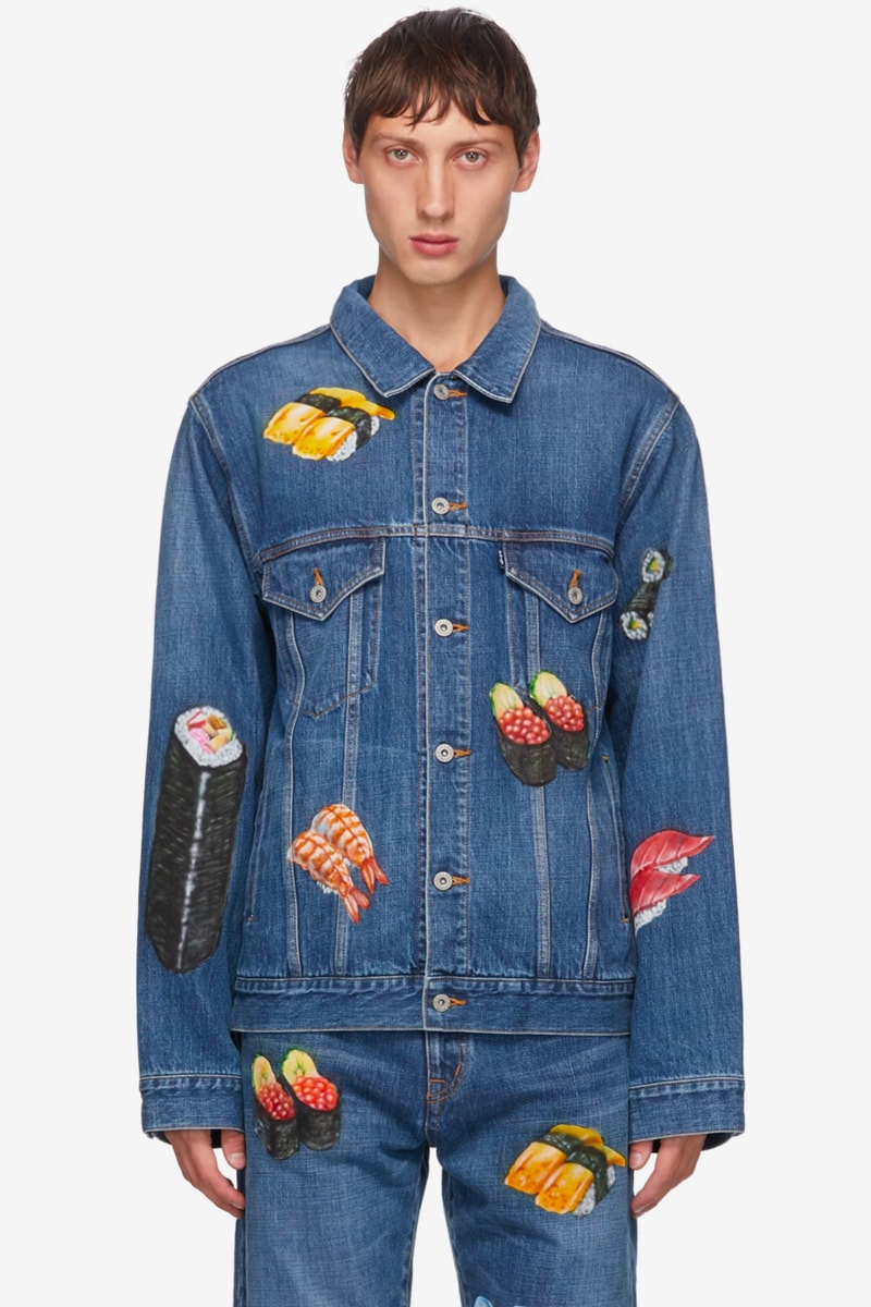 doublet Hand Painted Denim Food Jacket black indigo Boulangerie croissant danish baguette sushi pastry tamago ikura ebi maki roll saba