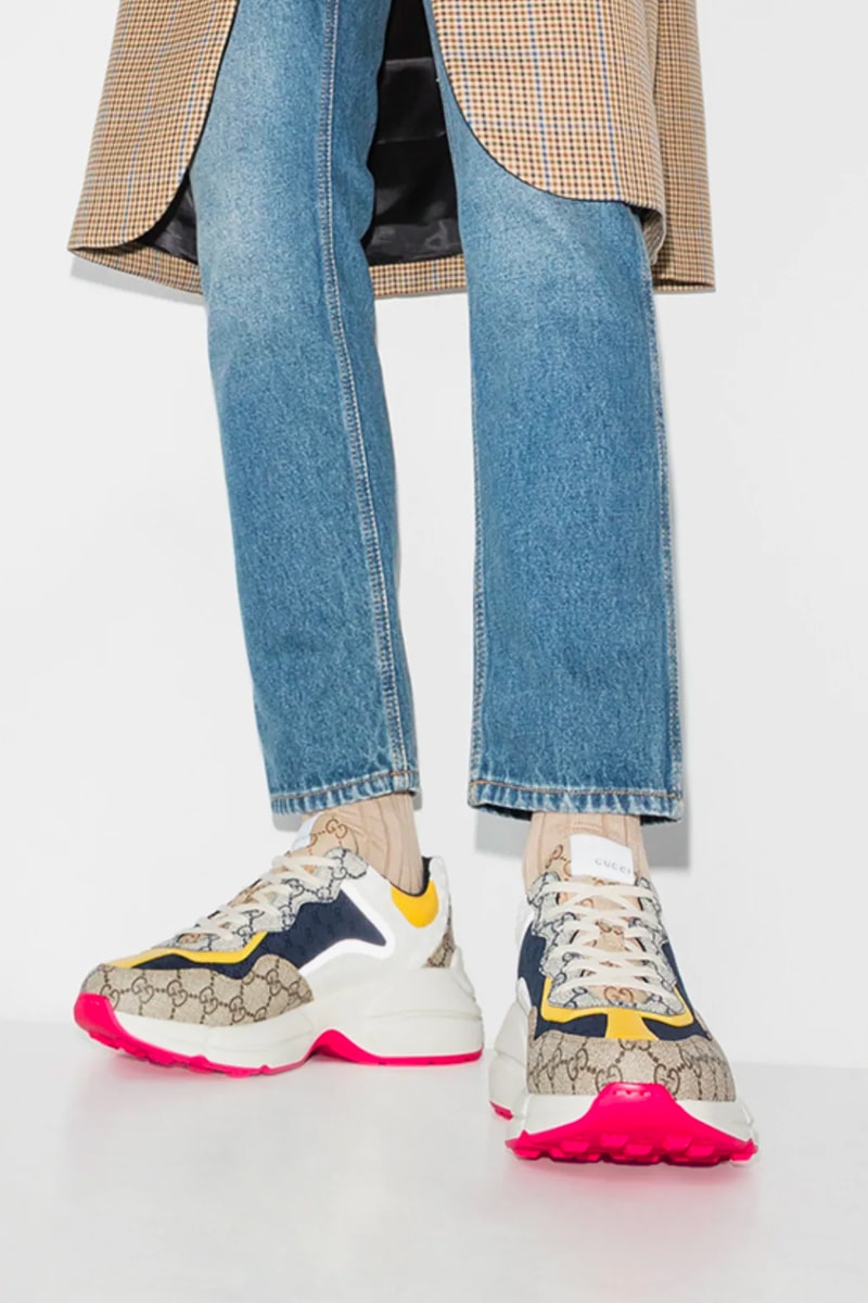 Gucci Multicoloured Rhyton GG Monogram Sneakers Release Browns Fashion sneaker kicks trainers luxury shoes