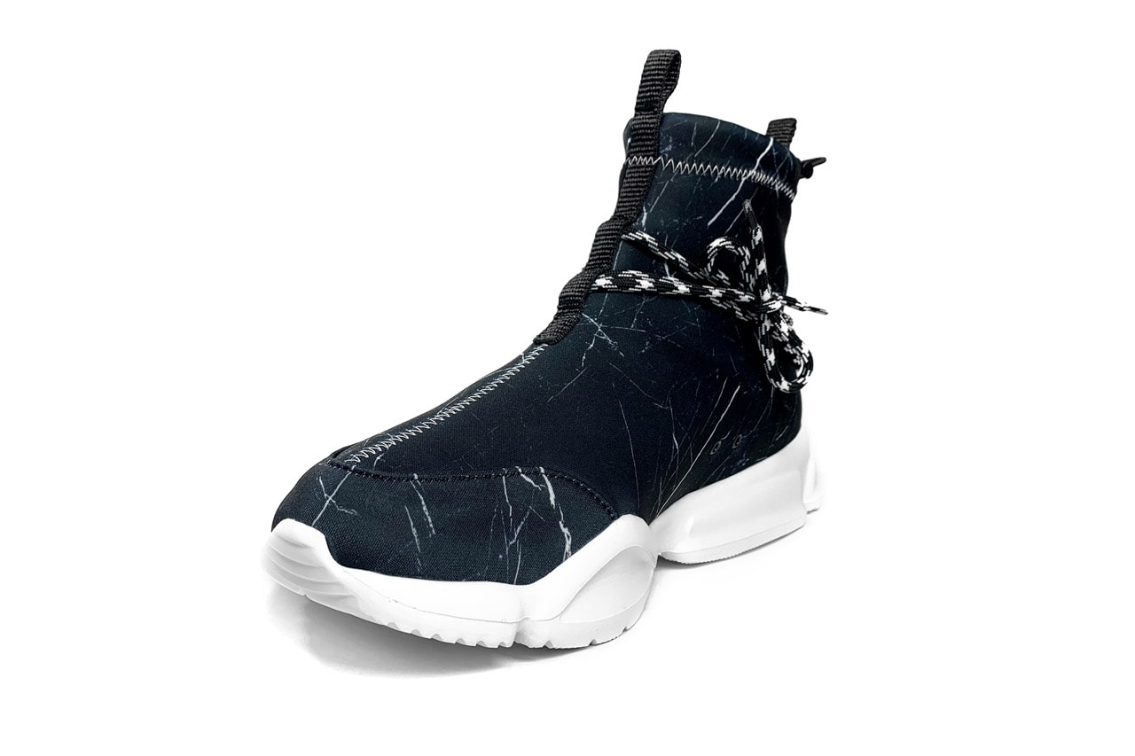 John Geiger Black Marble 002 Sneaker Release stitching white soles blue accents 