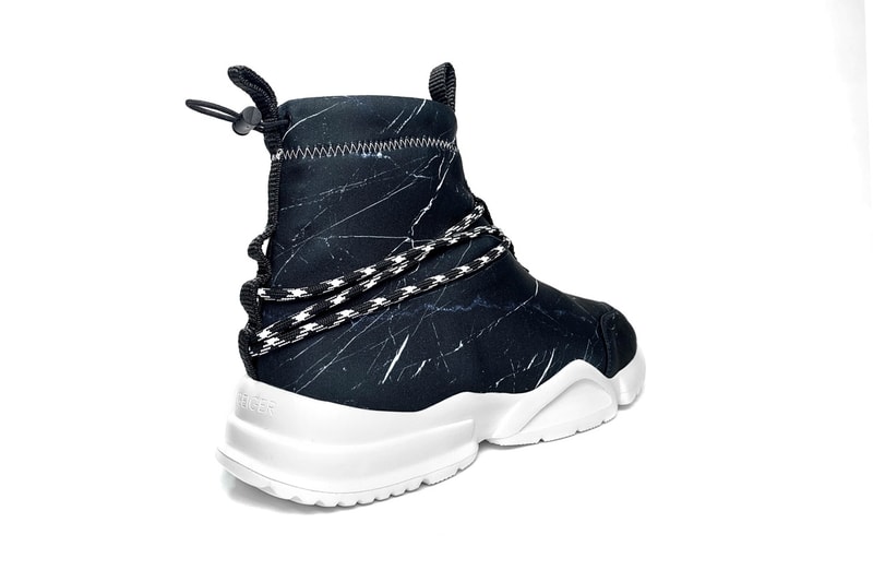 John Geiger Black Marble 002 Sneaker Release stitching white soles blue accents 