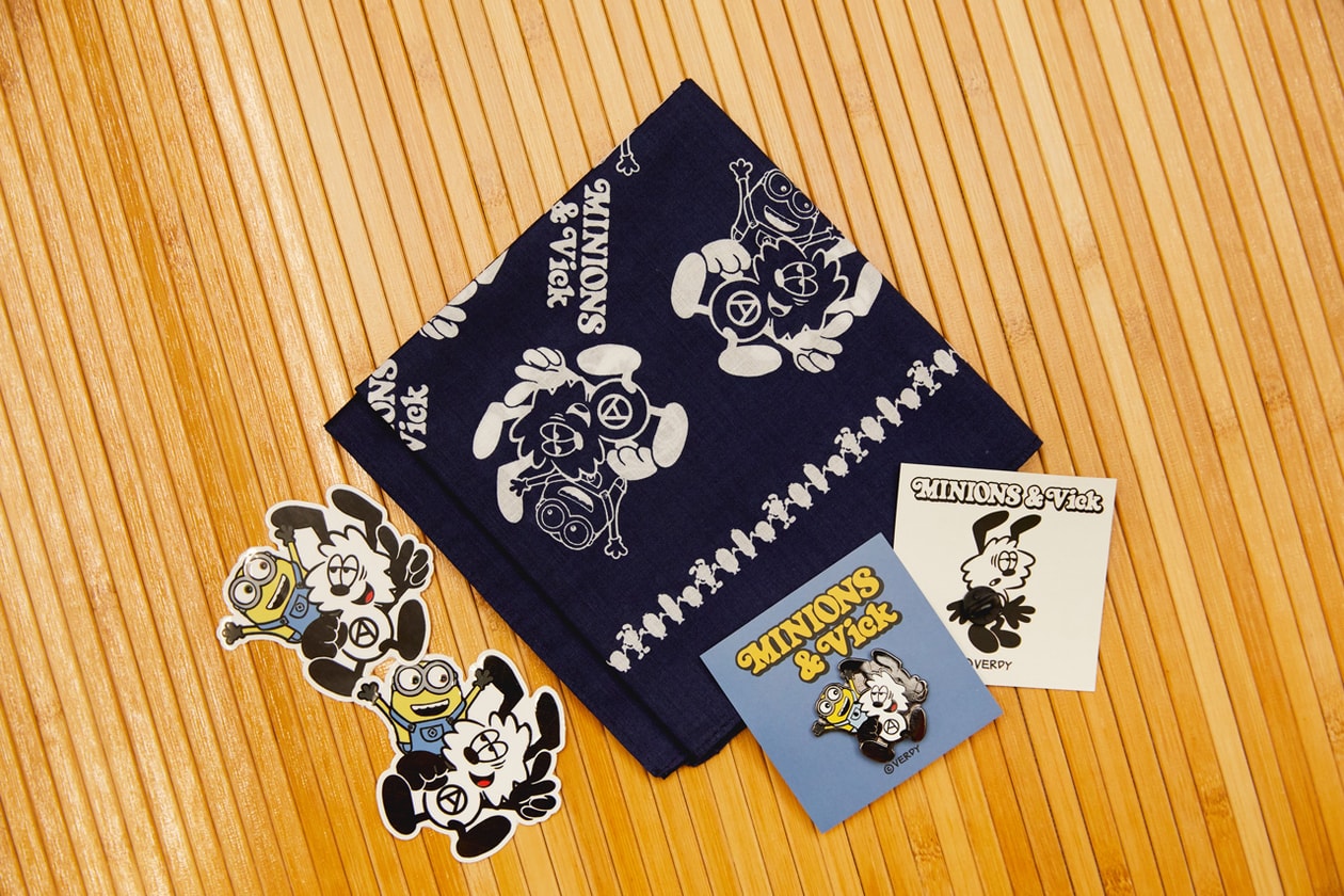 Closer look Verdy Minions Collection Hoodies T-Shrits Stickers Pins Bandanas Vick Minion Despicable Me playful design graphics flower vase