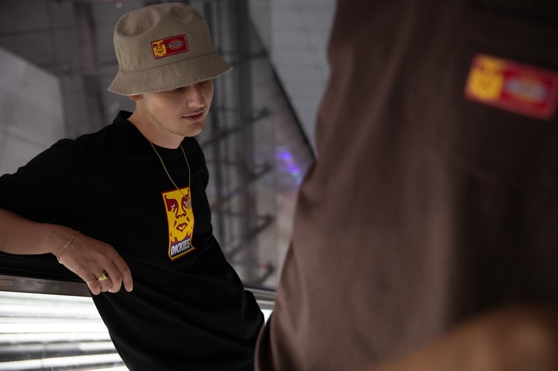 OBEY x Dickies Life Collection Lookbook Mens Womens Clothing Collaboration First Look Graphic Prints Unlined Eisenhower Jacket Work Shirt 873 Slim Straight Work Pant Face Logo
